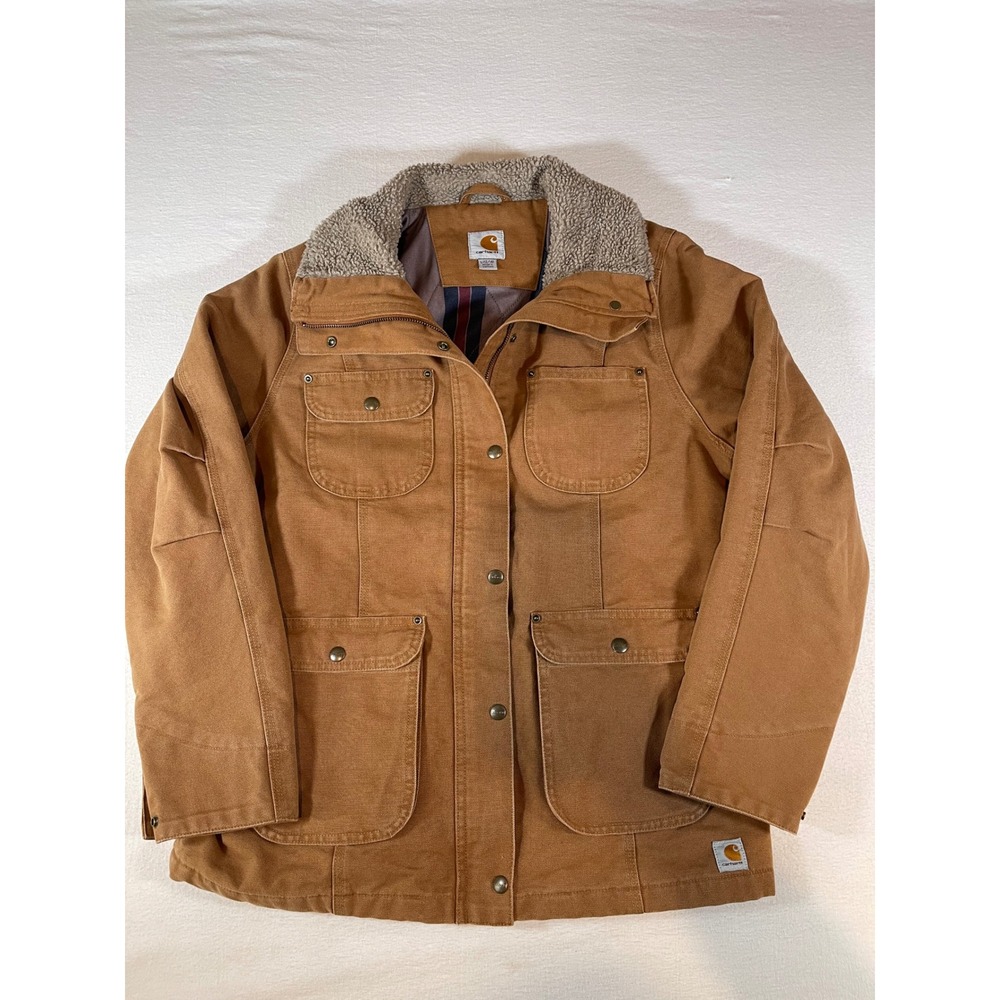 Carhartt Weathered Duck Wesley Coat Brown Sherpa Collar Jacket Women Large